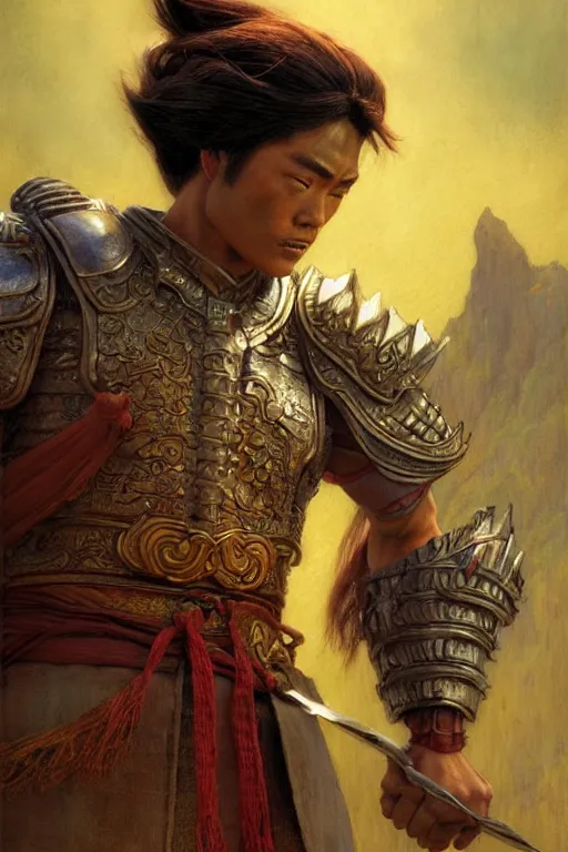 Image similar to tales from earthsea, attractive beefy male with armor, ancient china, three kingdoms, character design, dynamic lighting, cool and bright tint, painting by gaston bussiere, craig mullins, j. c. leyendecker, tom of finland