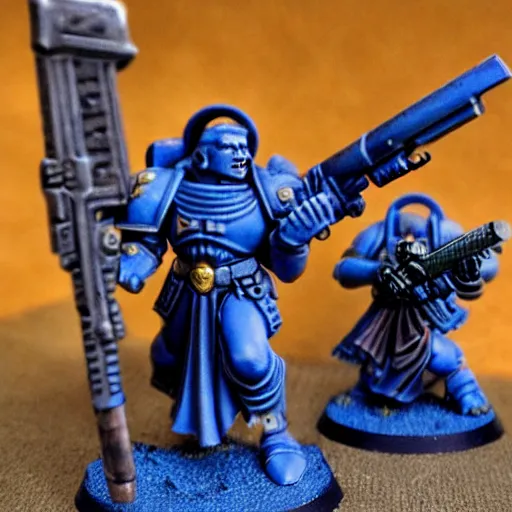 Image similar to An ultramarine who shoots a bolter at a House demon, in the background there are many other ultramarines who also open fire on demons, a very beautiful style,Warhammer Trailer Style 40000, Very detailed picture,