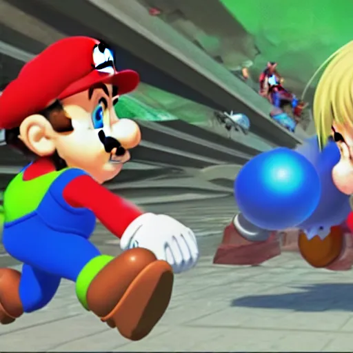 Image similar to Mario, Link, and Samus fighting, in the style of hayao miyazaki, 4k