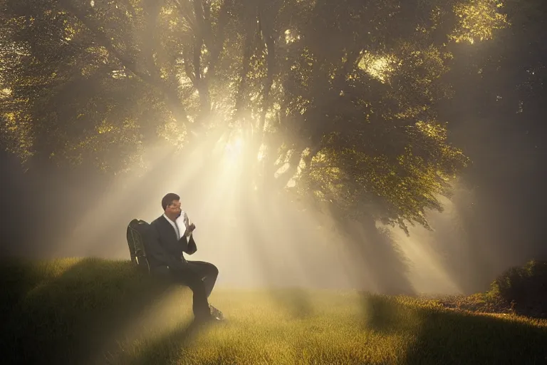 Image similar to business man smoking herb on the front stoop by marc adamus, morning, mist, smoke, rays of light, beautiful