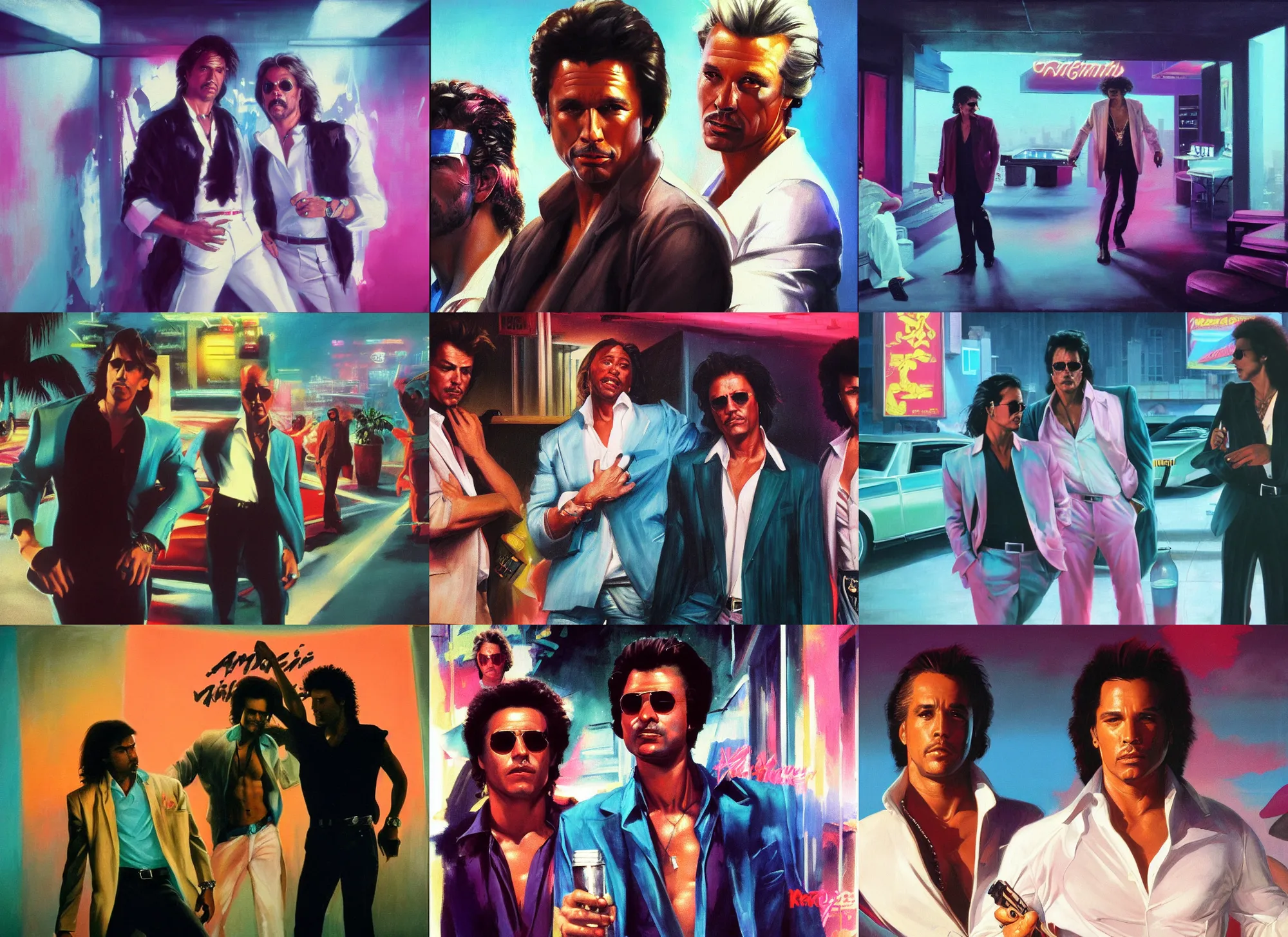 Image similar to a portrait painting of eighties miami vice, night club, don johnson and philip michael thomas, ultra realistic, highly detailed faces, true life, 8 k, masterpiece, cinematic, by frank frazetta, greg rutkowski, yoko taro, christian macnevin, beeple, wlop, krenz cushart, epic character art, volumetric lighting