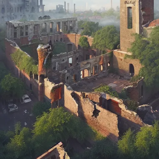 Prompt: aerial view of ruins of munich!!!, vegetation!!!, rubble!!, rusty cars!! hyperrealistic, highly detailed, cinematic, foggy light from fires, beautiful, cgssociety, artstation, 8 k, oil painting by greg rutkowski, by artgerm, by wlop