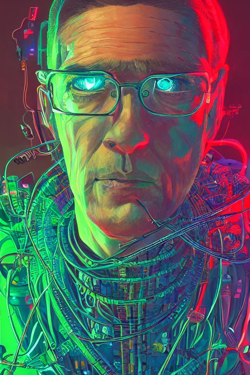 Image similar to stunning highly detailed portrait of a neuromancer billy gaat with cyber headgear surrounded by wires, neon colors, oil on canvas, strong lighting, by Josan Gonzalez, HD, 4K