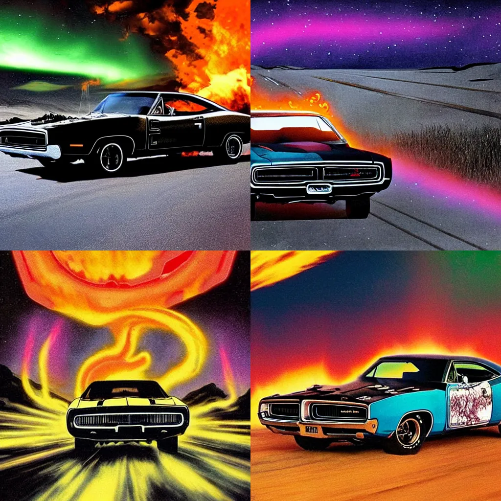 Prompt: Ghost Rider drives '70 Dodge Charger on the long road while smoking cigarette, northern lights, ultra-viole, godrays