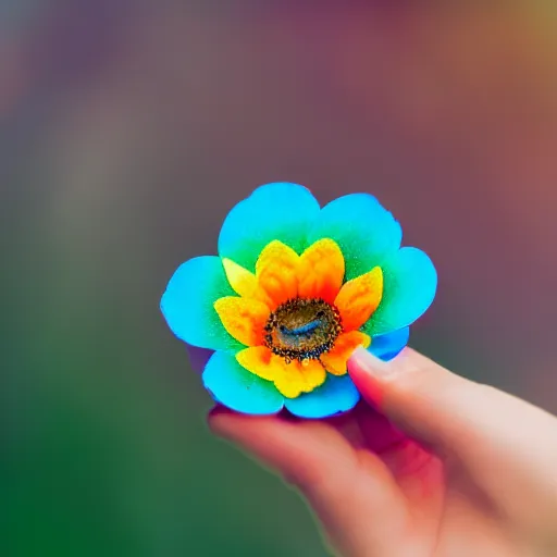 Image similar to closeup photo of rainbow - colored flower with 7 petals, held by hand, shallow depth of field, cinematic, 8 0 mm, f 1. 8