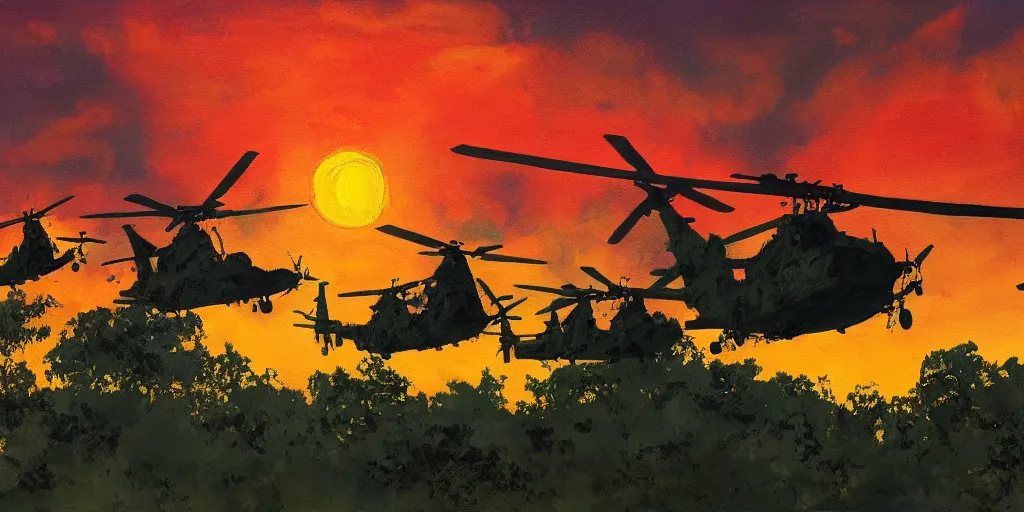 Image similar to Painting of vietnam Huey Helicopters, above a forest, orange sun set, abstract, realism, high details, glow, far, distance, over the horizon, drawn, 8k