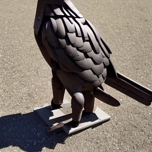 Image similar to A hawk model built from scrap metal, standing on asphalt, detailed close up photograph
