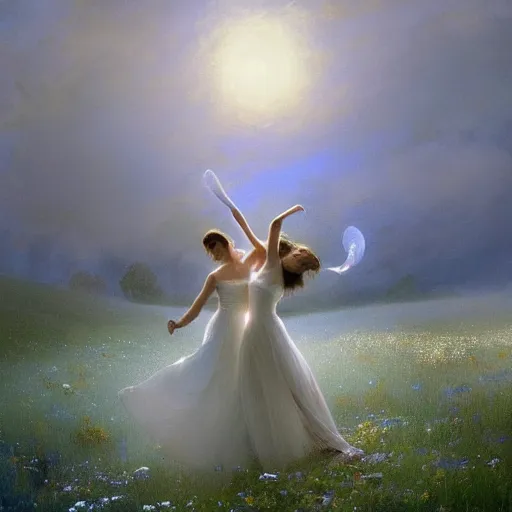 Image similar to the moonlit dance of the fae, dancers in white dancing across a flower meadow the moonlit dance by elena vizerskaya and ivan aivazovsky, perfectly detailed, artstation, sharp focus, highly detailed, studio photography