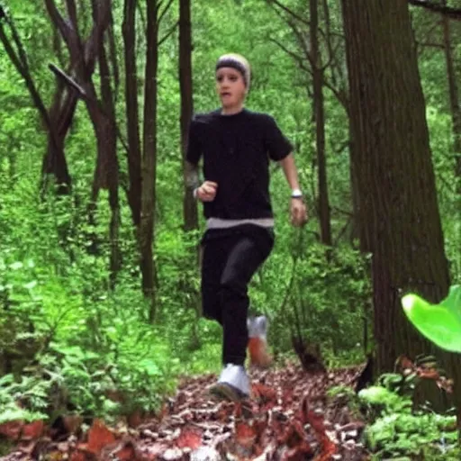 Prompt: justin bieber chasing you in a forest, trailcam footage