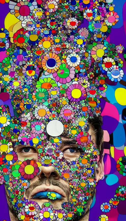 Image similar to a digital collage of a man's face surrounded by colorful objects, a digital rendering by takashi murakami, behance contest winner, neo - dada, maximalist, glitch art, fractalism