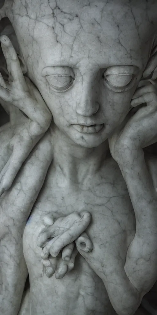 Prompt: weird marble statue close up in a dark room, creepy and eerie athmosphere, mist, godrays, photorealistic, hd,