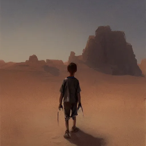 Image similar to a young boy traveling through the desert, painting by Greg Rutkowski, at dawn