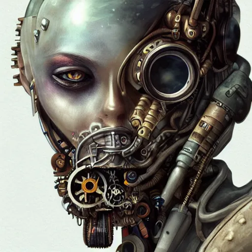 Image similar to portrait painting of a steampunk cyborg drug addict, transhumanism, ultra realistic, concept art, studio ghibli, intricate details, eerie highly detailed