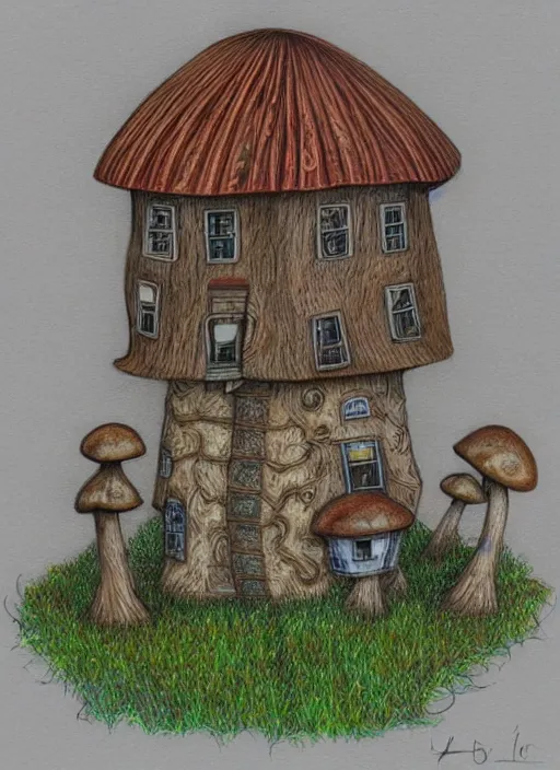 Image similar to a hybrid between a mushroom and a house,, insanely detailed, studio light, 3 d rendering, colored pencil