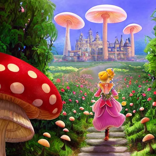 Image similar to portrait of princess peach from Mario, running up a hill of exotic flowers in the Mushroom Kingdom, giant red and white spotted mushrooms, and roses, from behind, Castle in distance, birds in the sky, sunlight and rays of light shining through trees, beautiful, solarpunk!!!, highly detailed, digital painting by Michael Garmash and Peter Mohrbacher