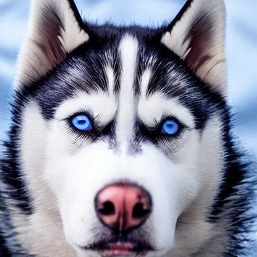 Prompt: a husky wearing a black jacket with blue eyes