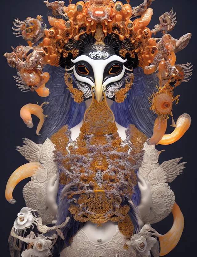 Image similar to 3 d goddess close - up 3 / 4 portrait with ram skull. beautiful intricately detailed japanese crow kitsune mask and clasical japanese kimono. betta fish, jellyfish phoenix, bio luminescent, plasma, ice, water, wind, creature, artwork by tooth wu and wlop and beeple and greg rutkowski