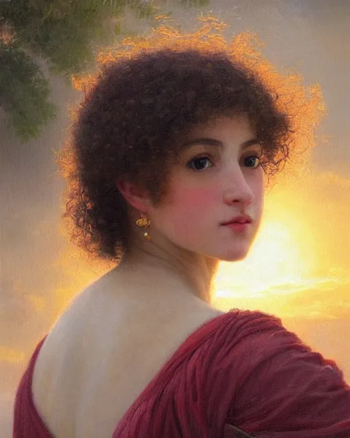 Image similar to beautiful glorious realistic oil painting of a girl, short hair, curly hair, bokeh, in the style of bouguereau, well framed, sunset, highly detailed and photorealistic, 8 k high detail and intricate