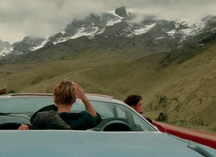 Image similar to A very high resolution image from a new movie, landscape from a car window , mountains, raining, hot, directed by wes anderson