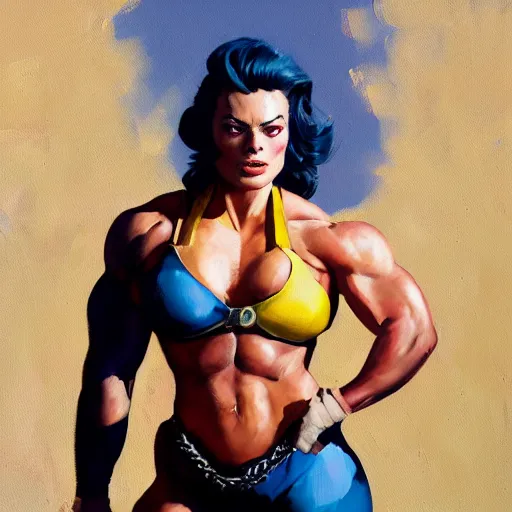 Image similar to greg manchess portrait of margot robbie as thick female bodybuilder zarya from overwatch in disco elysium, epic grimdark, fantasy, medium shot, asymmetrical, profile picture, organic painting, sunny day, matte painting, bold shapes, hard edges, street art, trending on artstation, by huang guangjian and gil elvgren and sachin teng