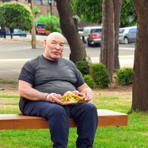 Image similar to fat patrick stewart sitting on a bench eating tacos