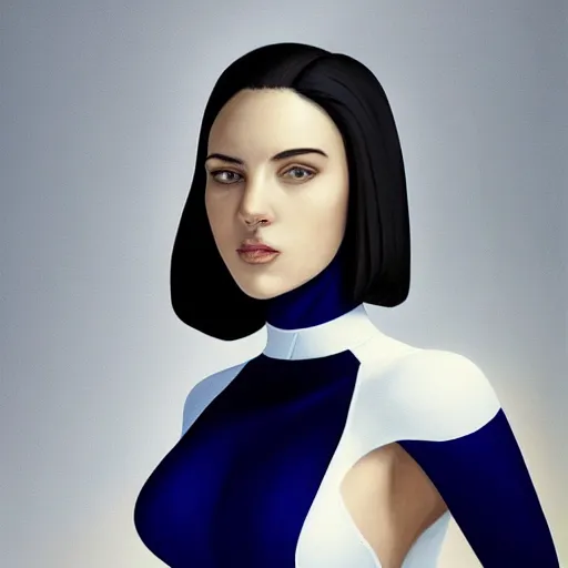 Image similar to a beautiful cartoon still portrait of a young woman superhero wearing a tight navy blue lycra suit with a white cape white cowl white shoulders, 4 k oil on linen by wlop, artgerm, andrei riabovitchev, nuri iyem, james gurney, james jean, greg rutkowski, highly detailed, soft lighting 8 k resolution