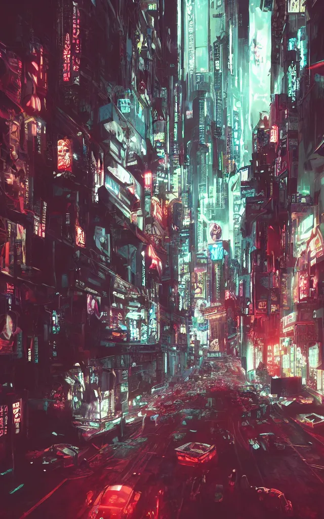 Image similar to concept art of a magnificent dark neon futuristic cyberpunk city bustling street at night cyberart by liam wong in the film akira rendered in octane, 3 d render, trending on cgsociety, blender 3 d