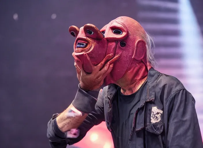 Image similar to publicity photo still of larry david wearing a slipknot mask touring with slipknot live on stage, 8 k, live concert lighting, mid shot