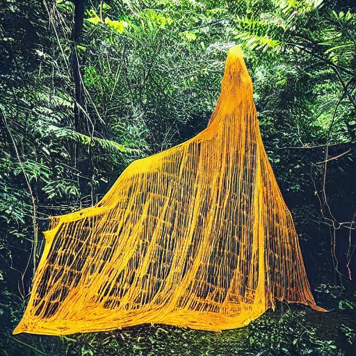 Image similar to “giant ancient statue wrapped in translucent yellow mesh tarps in a dense jungle”