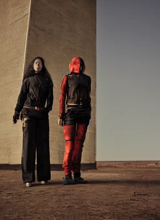 Image similar to cinestill 5 0 d photographic portrait by steve mccurry of two loving female androids wearing rugged black techwear on a desolate plain with a red sky in front of a brutalist structure, extreme closeup, cyberpunk style, dust storm, 8 k, hd, high resolution, 3 5 mm, f / 3 2, ultra realistic faces, ex machina