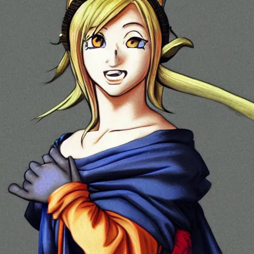 Image similar to mary sue, the most perfect character ever, catgirl, blonde, princess, heterochromia, daughter of goku and jesus christ, drawn by caravaggio