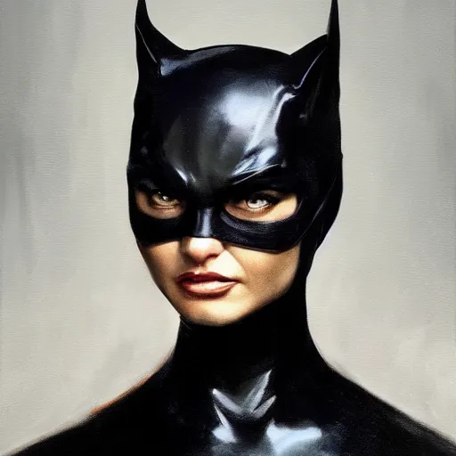 Prompt: a closeup portrait of catwoman, dramatic lighting, chiaroscuro, high detail, painted by greg rutkowski, painted by igor kieryluk, painted by bobby chiu, trending on artstation