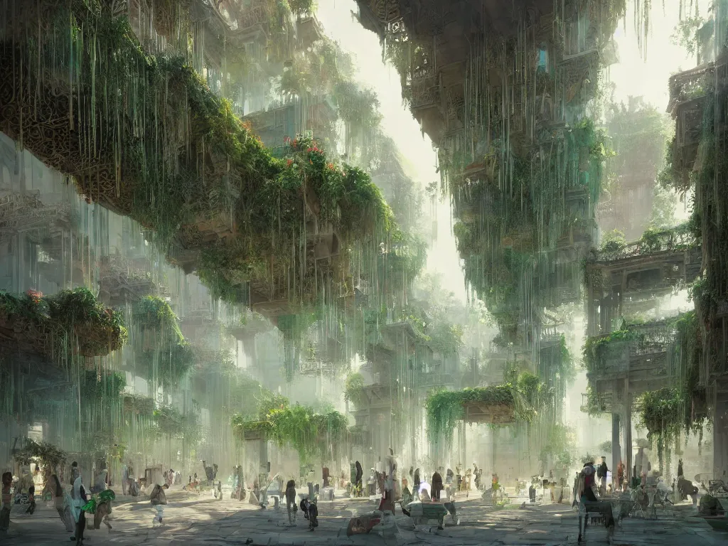 Prompt: the antique green city of babylon with its wonderful hanging gardens at dawn, intricate, elegant, volumetric lighting, digital painting, highly detailed, artstation, sharp focus, illustration, concept art, ruan jia, steve mccurry