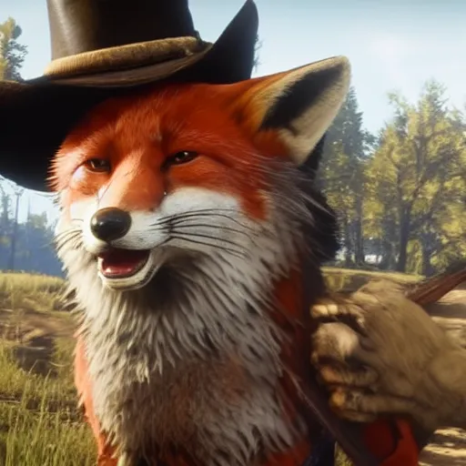 Image similar to Film still of anthropomorphic fox, from Red Dead Redemption 2 (2018 video game)