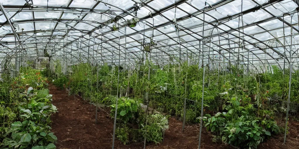 Image similar to interior of experimental greenhouse, novel plants created by the plant wizard luther burbank.