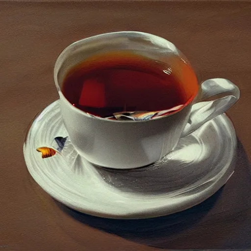 Image similar to a real fish is drinking from a cup of tea, photorealism