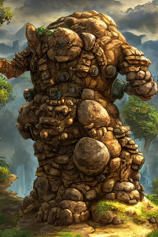 Image similar to zelda fantasy art giant golem troll wood rock greeble gemstone, global illumination ray tracing hdr fanart arstation by sung choi and eric pfeiffer and gabriel garza and casper konefal