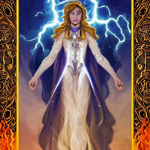 Prompt: a detailed tarot card of a human warlock casting a spell, female, auburn hair with blonde highlights, crackling blue lightning, fantasy, d & d, intricate, elegant, highly detailed, digital painting, artstation, concept art, matte, sharp focus, illustration, in the style of magic the gathering, art by artgerm and greg rutkowski and alphonse mucha