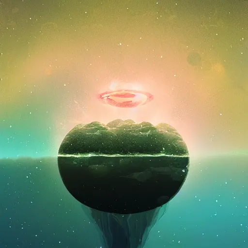 Prompt: a floating island in space, water flowing, surrounded by nebula, by petros afshar