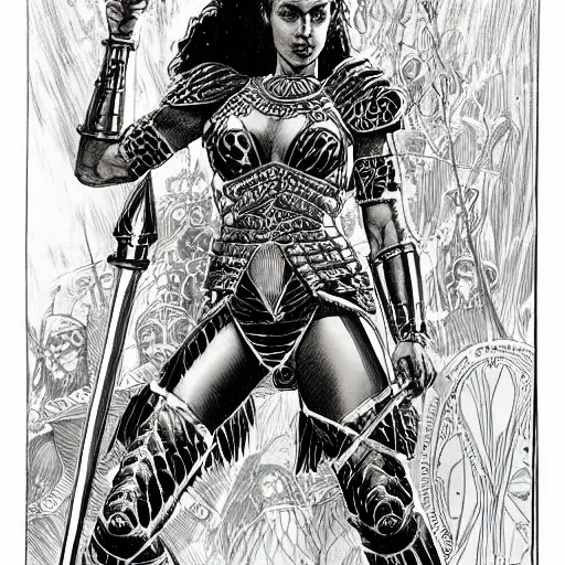 Image similar to greek amazon warrior, a tall beautiful woman with bronzed skin and long red hair, dressed in hellenistic body armour, intricate, elegant, highly detailed, smooth, sharp focus, detailed face, high contrast, graphic novel, art by alan davis,