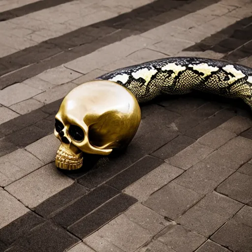 Image similar to giant and oversized coiled snake with a metallic skull as the head, XF IQ4, f/1.4, ISO 200, 1/160s, 8K, RAW, unedited, symmetrical balance, in-frame