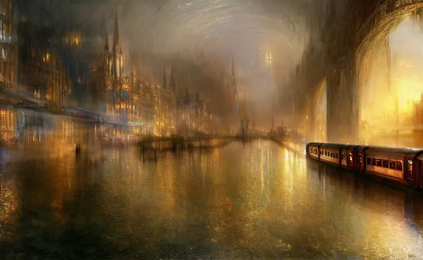 Image similar to an urban train rides inside of a waterway on a fantasy city. by artstation trending, by joseph mallord william turner, luis royo, konstantin razumov, cinematic lighting, fractal flame, highly detailed