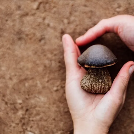 Image similar to hands holding a mushroom with slug texure