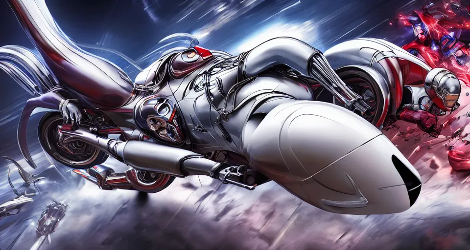 Image similar to Speed Racer Designed By Moebius Yasushi Nirasawa and HR Giger, full body action pose, hyperrealistic, octane render, HDR, volumetric lighting,