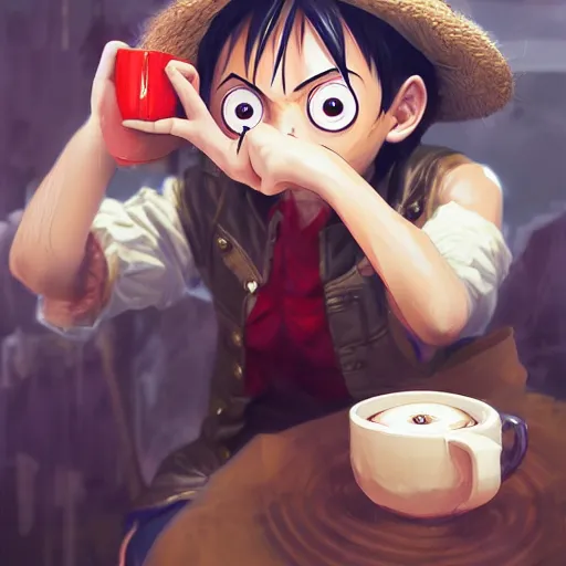 Image similar to mugiwara no luffy drinking cofee, digital art, pretty face, very beautiful face, very detailed eyes, 8 k resolution, by wlop, greg rutkowski, full body