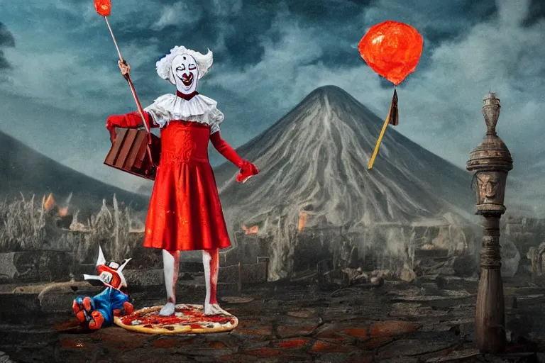 Image similar to pennywise as pulcinella! with a pizza! margherita in front of vesuvius! spewing lava, by esao andrews, by james jean, post - apocalyptic, hyperrealistic, big depth of field, night scenery, glowing lava, 3 d octane render, 4 k, conceptart, masterpiece, hyperrealistic, trending on artstation