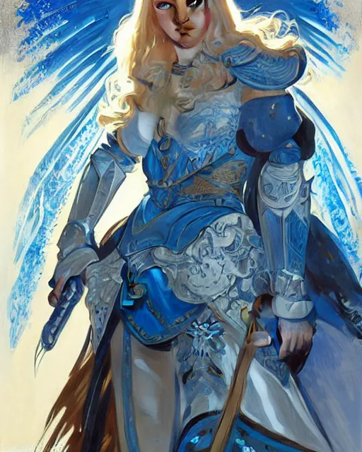 Prompt: movie poster of young blonde girl in blue and white armor, high fantasy, intricate detail, digital painting, artstation, concept art, smooth, sharp focus, illustration, art by Fernanda Suarez and Artem Demura and alphonse mucha