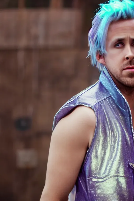 Image similar to Ryan Gosling with silver-violet hair, white eyes inflated press and denim glittery vest, wide lens, diorama, 4k,