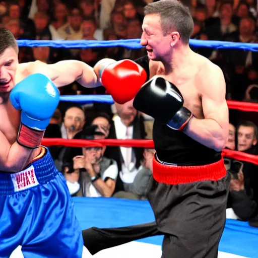 Prompt: volodymyr zelensky beating putin in a boxing match