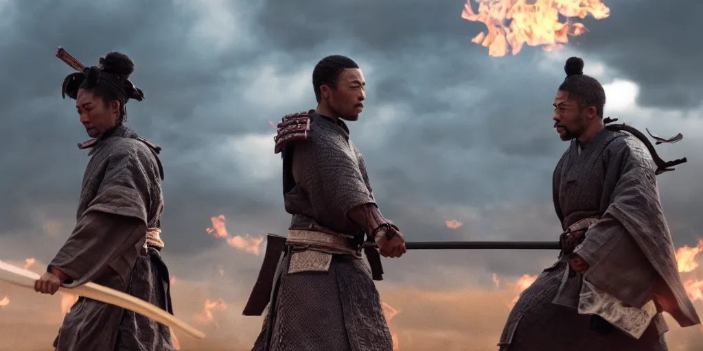 Image similar to a film still of a light skinned black man starring as an ancient samurai in a japanese blockbuster film, in a realm of fire, shallow depth of field, cinematic, award winning cgi, vfx, film still